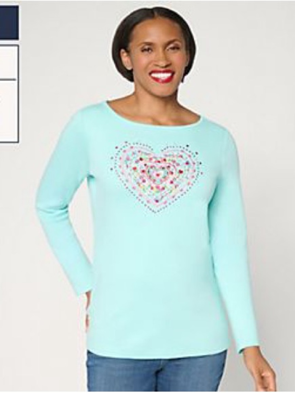 Women’s Light Aqua Long Sleeve Heart Embellished Tee